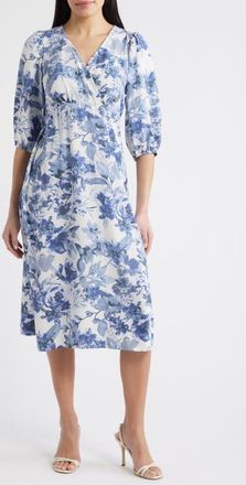 Connected Floral Print Puff Shoulder Midi Dress in Blue at Nordstrom, Size 12