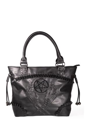 Banned Greeting From The Other Side Tote Bag, Black PU Leather, Pentagram Skeleton Design, Twin Handles, 44x32x12cm, 16L Capacity