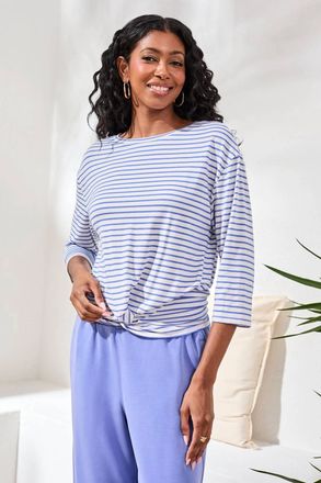 Tribal 3/4 Sleeve Boatneck Twist Front Top In Baja Blue