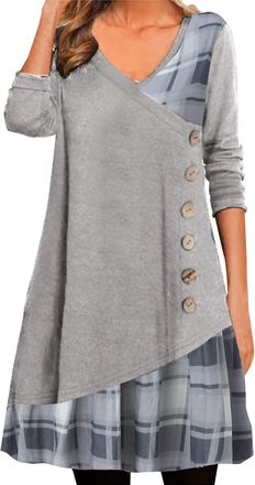 Generic Womens Long Sleeve V Neck Patchwork Dress Decorated Button Plaid Print Dress Dresses for Casual Grey
