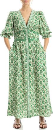 Max Studio V-Neck Puff Sleeve Maxi Dress in Green/Pink at Nordstrom Rack, Size X-Small