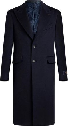 Etro Marineblauwe Kasjmier Single-Breasted Jas - Heren - Mantel - Blauw - XL - Kasjmier - Jassen