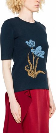 Erdem Short Sleeve Floral-Motif Knitted Top In Navy