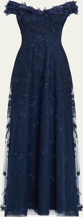 Teri Jon Off-Shoulder Floral-Embroidered Tulle Gown