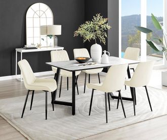 Furniturebox Carson White Marble Effect Dining Table & 6 Pesaro Black Leg Chairs in Cream