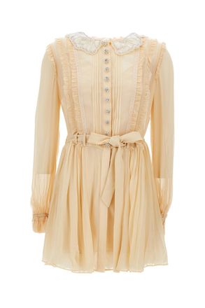 Self Portrait Pleated Georgette Mini Dress with Embellished Collar and Jewelled Detailing