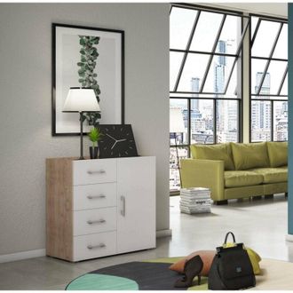 Dmora Credenza Violetta, Mobile buffet a 1 anta e 4 cassetti, Madia da soggiorno, Armadietto multiuso con ripiani, 100% Made in Italy, Cm 90x41h87, Bianco