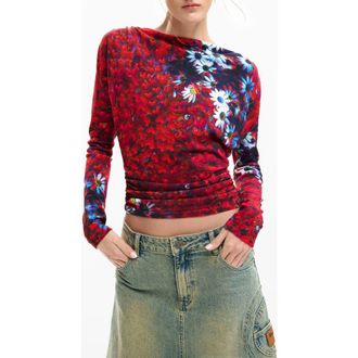 Desigual Print Ruched Top in Orange Red at Nordstrom, Size Medium