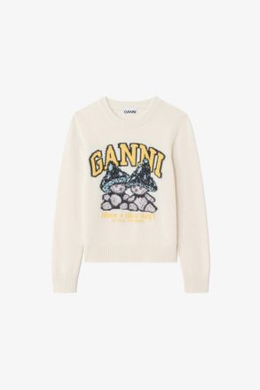 Ganni White Sweater with Mushroom Teddy - Size XXS Wool