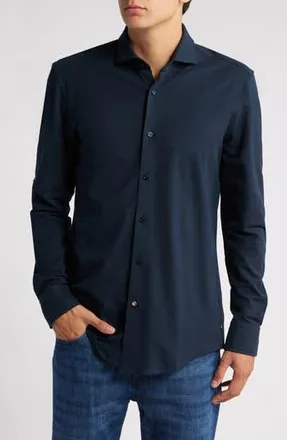 BOSS Hank Slim Fit Solid Performance Cotton Piqu&eacute; Dress Shirt in Dark Blue at Nordstrom Rack, Size 15.5