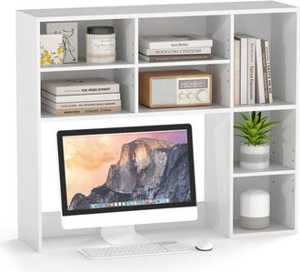 Costway Libreria da tavolo con 3 ripiani regolabili e vano aperto per monitor da 27, organizer da piano per casa e ufficio, bianco