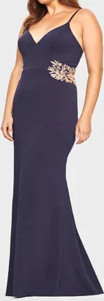 Faviana Jersey Long Dress With Beaded Lace Applique In Navy/gold