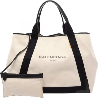 Balenciaga Black White Canvas Leather Handbag Tote Bag (Pre-Owned)