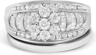 House of Brilliance 14K White Gold 1.0 Cttw Round and Baguette Diamond Cluster Bridal Set