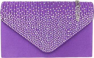 Girly HandBags Womens Pleated Satin Clutch Bag Diamante Shoulder Chain Elegant Prom Wedding Evening - Purple