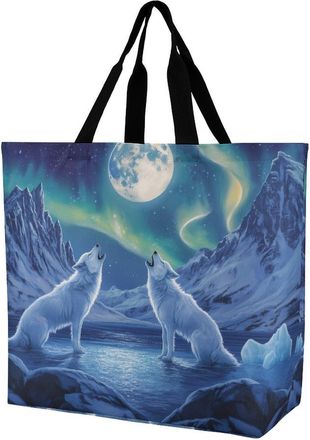 Generic Wolves Northern Light Moon Tote Bag Reusable Grocery Shopping Bags Large Travel One Shoulder Handbag for Picnic Work