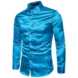 Generic Mens Paisley Satin Dress Shirts Regular Fit Solid Silk Casual Long Sleeve Dance Party Shirt Button Down Tuxedo Luxury Shirt(Blue,XX-Large)