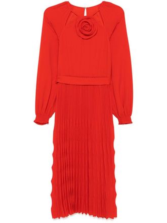 Nissa floral-detail pleated midi dress - women - Viscose/Polyester - 36 - Red