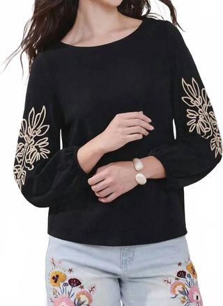 Tribal Womens Soutache Embroidered Boat Neck Puff Sleeve Top In Black