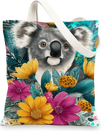 Generic Koala Canvas Tote Bags, Colorful Floral Animal Pattern Reusable Shopping Bags, Artistic Nature Lightweight Washable Shoulde, Colorful, 13x15 Inch