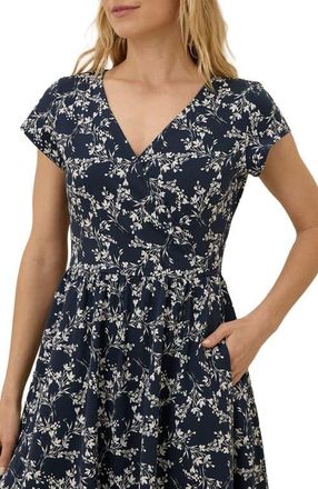 Pact Organic Cotton Fit & Flare Crossover Dress in Bouquet Blooms Midnight Blue at Nordstrom, Size Large