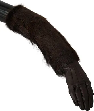 Dolce & Gabbana Brown Elbow Length Mittens Leather Fur Womens Gloves