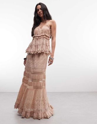AllSaints Camille - Gonna midi a balze in pizzo rosa pallido in coordinato