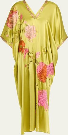 Natori Floral-Embroidered Silk Caftan