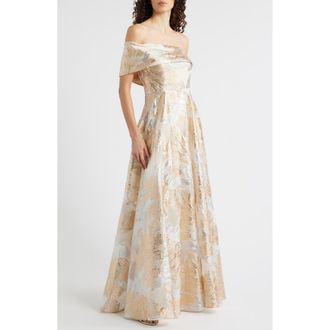 Eliza J One-Shoulder Metallic Jacquard Gown in Champagne at Nordstrom, Size 14