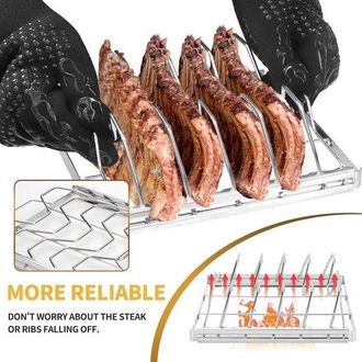 OEM Parrilla De Acero Inoxidable De 4 Ranuras Para Costillas, Plegable, F&aacute;cil De Usar Y Limpiar, Ahumador Costillas Duradero Primera (1 Pieza)