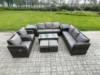 Fimous Wicker PE Rattan Sofa Set 10 Seater Outdoor Patio Garden Furniture Set with 2 Reclining Chairs Coffee Table 2 Side Tables in Dark Grey