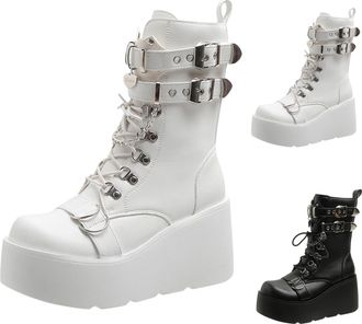 Generic Womens Wedge Combat Boots Lace Up Platform Ankle Boots with Adjustable Buckle and Side Zipper Ladies Black Gothic Chunky Heel Booties Round Toe Lug So