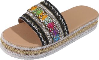 Generic Ethnic Style Woven Print Ladies Open Toe Flat Sandals for Women Bohemian Fashion Beach Holiday Slide Slippers Comfortable Casual Footwear with Unique 