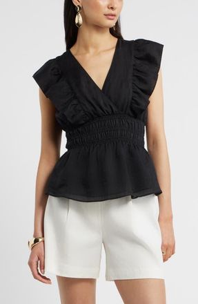 Nordstrom Smocked Waist Flutter Sleeve Peplum Top in Black at Nordstrom, Size Xx-Small