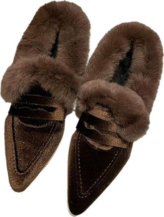 Generic JCVBN Fur Women Flats Cotton Boots Pointed Toe Suede Warm Shoes Designer Snow Boots Short Plush Walking Sexy Lady Shoes Brown