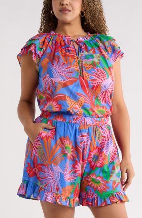 Sugarlips Cindal Floral Hita Ruffle Top in Blue-Pink-Multi at Nordstrom, Size 1 X