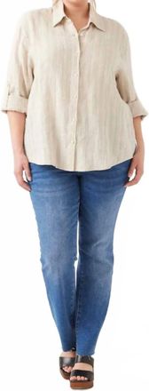 Karen Kane Stripe Linen Roll-Tab Shirt - Plus In Oatmeal