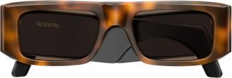 Valentino Havana Linea V Logo Recycled Acetate Rectangular Sunglasses