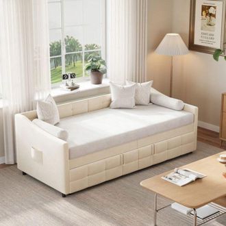 OEM Sof&aacute; Cama Convertible - 90x200cm - Terciopelo Crema - Almacenamiento Integrado - Dise&ntilde;o Contempor&aacute;neo