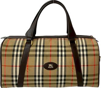 Burberry Beige Black Brown Ivory Red Color Canvas Leather Boston Bag (Pre-Owned)