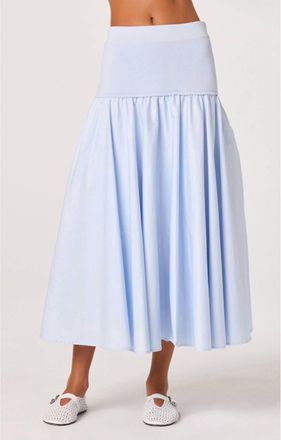 Astr Thesan Mixed Media Drop-Waist Midi Skirt In Blue