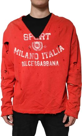 Dolce & Gabbana Red Distressed Cotton V-Neck Sweatshirt Men Mens Sweater