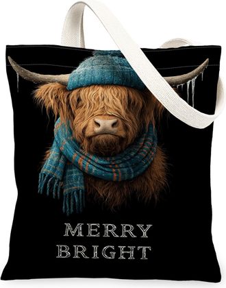Generic Merry Bright Highland Cow Canvas Tote Bags, Winter Animal Pattern Reusable Grocery Bags, Lightweight Washable Canvas for Tr, Black, 13x15 Inch