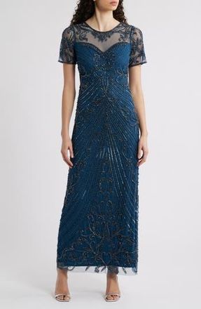 Pisarro Nights Illusion Beaded Mesh Column Gown in Peacock at Nordstrom Rack, Size 8