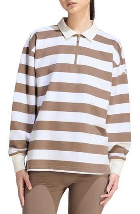 adidas Striped Quarter Zip Cotton Polo in Khaki Six/Off White at Nordstrom Rack, Size X-Large