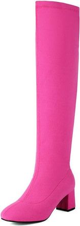 Generic Womens Fashion Stretch Knitted Over The Knee Boots Round Toe Block Heel Pull On Winter Dress Shoes (5.5,Rose Red)
