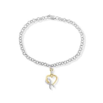 House of Brilliance 10K Yellow Gold 1/10 Cttw Diamond Ribbon & Heart Charm on Silver Rolo Bracelet at Nordstrom