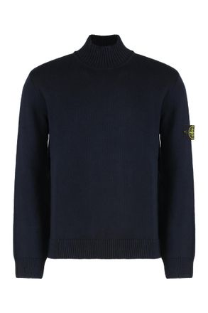 Stone Island Blue Logo Patch Turtleneck Sweater