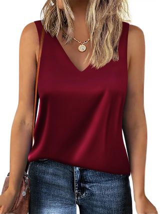 Zeagoo Womens Satin Tank Top Sleeveless Blouse Top Basic Cami Summer Casual Vest V-Neck Tops Blouses Shirt, wine red, M