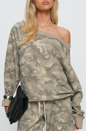 Princess Polly Wellness Camo One-Shoulder Sweatshirt in Washed Camo at Nordstrom, Size 10